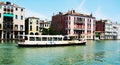 Grand canal, old ferry boat, panoramic view in Venice, in Europe