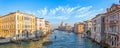 Grand Canal in Venice, Italy. Wide view of the main street panorama of the major street of Venice with motor boats with beautiful Royalty Free Stock Photo