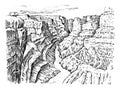 Grand Canyon in Arizona, United States. Graphic monochrome landscape. Engraved hand drawn old sketch. Mountain peaks