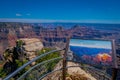 Grand Canyon,Arizona USA, JUNE, 14, 2018: Informative sign at high cliffs above Bright Angel canyon, major tributary of