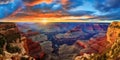 Grand Canyon National Park sunset. vibrant blue and orange gradient sunrise or sunset sky. sun rising in the horizon.