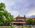 Grand Canyon South Rim Arizona USA - Lodge and Resturant at South Rim of Grand Canyon under overcast skies