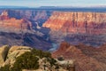 Grand Canyon at Sunset, from South Rim. Red cliffs, colorado river below. Royalty Free Stock Photo