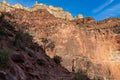 Grand Canyon - Woman hiking along Bright Angel trail with panoramic aerial overlook of South Rim of Grand Canyon, Arizona, USA Royalty Free Stock Photo