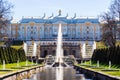 Grand cascade in Peterhof Palace, St-Petersburg, RUSSIA. The largest fountain. Favorite sightseeing of tourist. Summer time with