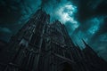 A grand cathedral illuminated by the light of a full moon, creating a captivating and mysterious ambiance, Gothic cathedral under Royalty Free Stock Photo