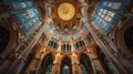 Grand cathedral intricate architecture, vibrant stained glass windows in wide angle lens capture Royalty Free Stock Photo