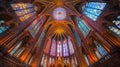 Grand cathedral with intricate architecture and vivid stained glass windows, wide angle lens capture Royalty Free Stock Photo