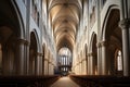 A grand cathedral showcasing its vast interior filled with rows of pews and soaring high ceilings, The interior of a cathedral