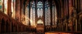 A Grand Cathedral With Stained Glass Windows Panoramic Background. Generative AI