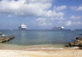 Grand Cayman George Town Beach And Cruise Ships Royalty Free Stock Photo