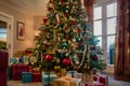 A grand Christmas tree towering in a spacious living room