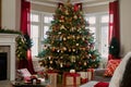 A grand Christmas tree towering in a spacious living room