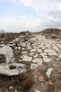 Grand colonnaded street with white marble pavement in ruins of the ancient city Sagalassos lost in Turkey mountains