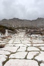 Grand colonnaded street with white marble pavement in ruins of the ancient city Sagalassos lost in Turkey mountains