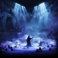 Grand concert hall submerged in darkness, illuminated by mystical blue and purple lights
