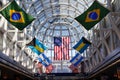 Grand Concourse decorated with international flags at O`Hare International Airport in Chicago