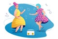 Grand and daughter dancing to music from a tape recorder.Women in beautiful dresses and hairstyle. Soap bubbles around. Vector