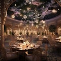 the grand dining hall. wedding reception. Dinning Hall with tables seats. AI Generative Royalty Free Stock Photo