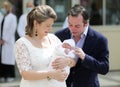 Grand Duchess Stephanie and Hereditary Grand Duke Guillaume of Luxembourg leave the hospital in L