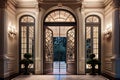 a grand entrance with double doors and a beautiful view, framed by classic architecture
