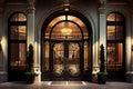 a grand entrance with a glass and metal double door, leading to an elegant hotel lobby