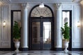 a grand entrance with a glass and metal double door, leading to an elegant hotel lobby