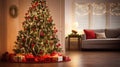 Grand Evergreen Christmas Tree in Cozy Festive Living Room Royalty Free Stock Photo