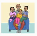 Grand father with 3 kids on chair illustration