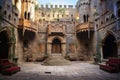 a grand faux castle set for a medieval film