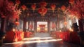 Grand Festive Temple Interior with Red Lanterns and Sunlight Royalty Free Stock Photo