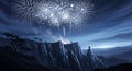 Grand fireworks display over rugged mountain peaks at twilight Royalty Free Stock Photo