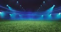 Grand football stadium green pitch view illuminated by spotlights and illuminated spectator stand. Sport theme digital 3D