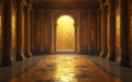 Grand golden hall with large columns and arched doorway. Sunlight streams into the empty interior creating reflections on the Royalty Free Stock Photo