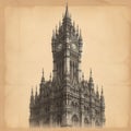 Grand Gothic Clock Tower on Aged Parchment Royalty Free Stock Photo
