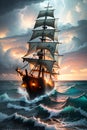 The Grand Historical Pirate Ship\'s Commanding Display in the Midst of Stormy Seas. AI generated