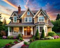 A beautiful house with green lawn, colorful flowers, and clear sky
