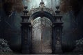 grand iron gates, towering above the entrance to a secluded mansion in the woods Royalty Free Stock Photo