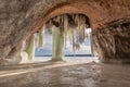 Grand Island Sea Cave with Ice Curtain in Winter, Munising Michigan Royalty Free Stock Photo