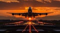 A grand jetliner gracefully lifting off from a runway as the last rays of the setting sun cast a golden glow, AI generated Royalty Free Stock Photo