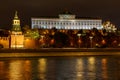 Grand Kremlin Palace with tower and cathedral with night illumination. Landscape of Moscow historical center