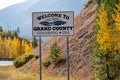 Welcome to Grand County Colorado USA sign, taken during autumn