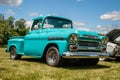 Grand Ledge, MI - July 8, 2017: Green Aqua 1958 Chevy Apache profile