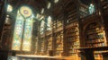 A grand library with towering shelves, bathed in soft light filtering through stained glass windows