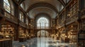 A grand library with towering shelves, bathed in soft light filtering through stained glass windows