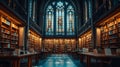 A grand library with towering shelves, bathed in soft light filtering through stained glass windows