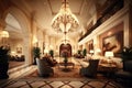 a grand and luxurious hotel lobby, with a towering crystal chandelier, plush seating, and intricate tilework Royalty Free Stock Photo