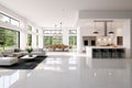 Grand and luxurious open-concept space with a white kitchen, dining, and living room