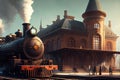 grand and majestic train station, with vintage trains and steam rolling out of the station