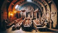 Elaborate Medieval Feast Hall with Religious and Ceremonial Elements